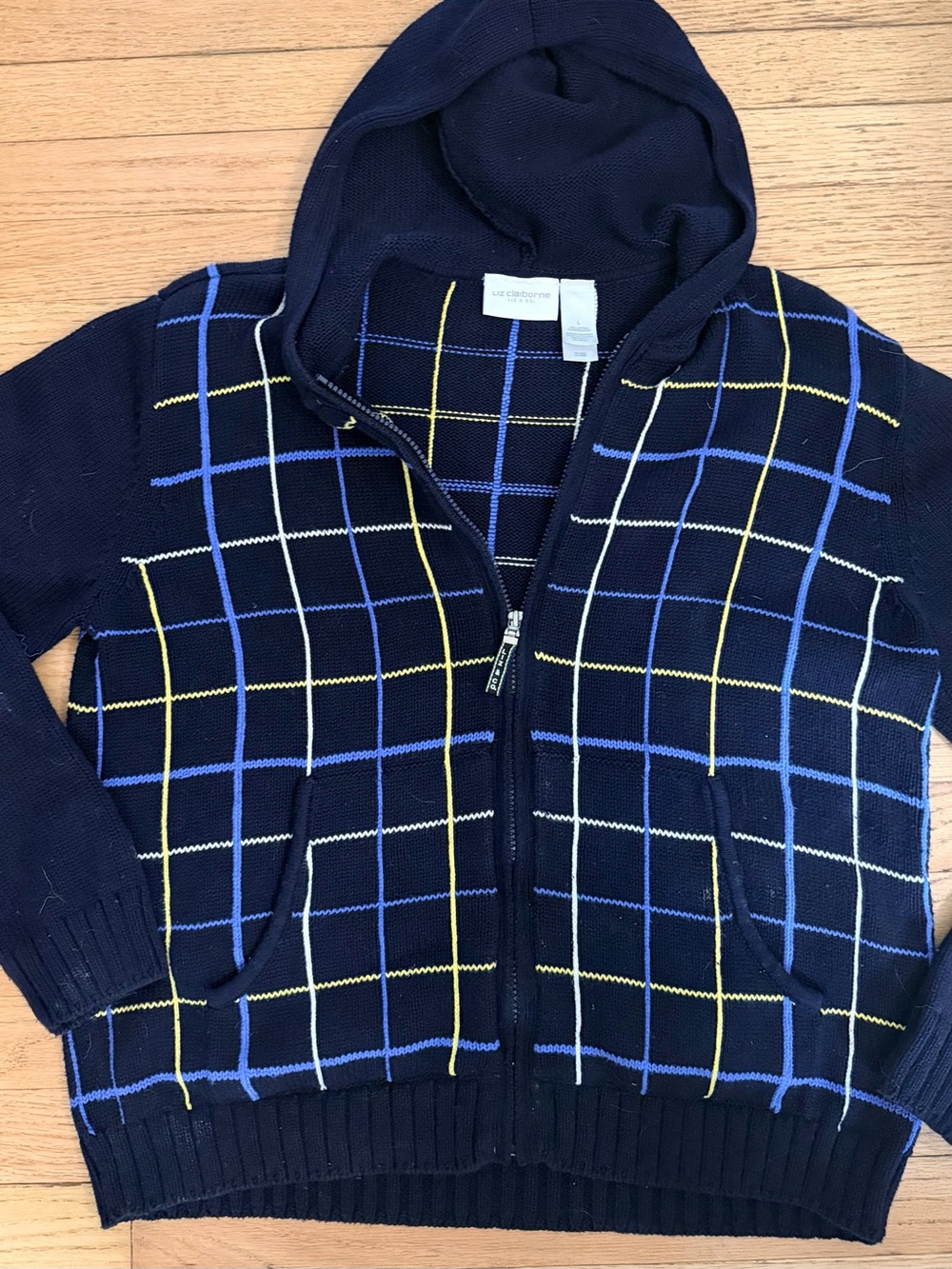 Liz Claiborne Liz & Co 100% Cotton Hooded Zip Sweater Navy Grid Large Preppy